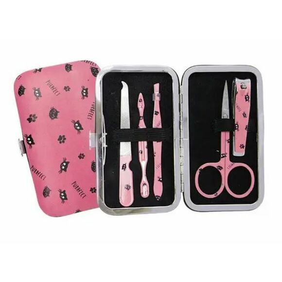 New Hot Pink Black Cat Kitten 5 piece Beauty Spa Mini Pedi Manicure Nail Set - Picture 1 of 2